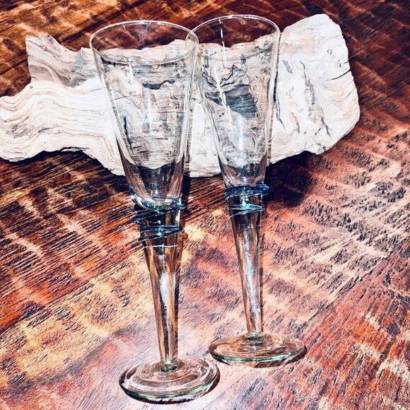 Blue Swirl Hand Blown Champagne Flutes - Picture 1 of 8